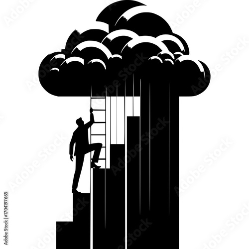 Ascending to Success: A silhouetted figure climbs a ladder towards a rain cloud and atop graphic bar chart, symbolizing progress and overcoming challenges in pursuit of a brighter future.