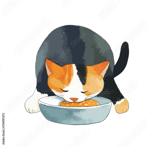 A Calico Cat Devouring a Meal in a Pastel Bowl