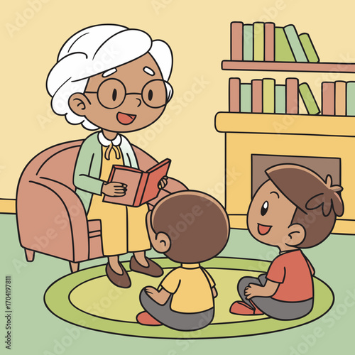Happy elderly woman with white hair and glasses reading a book aloud to two young boys sitting on a rug in a cozy room with a fireplace and bookshelf