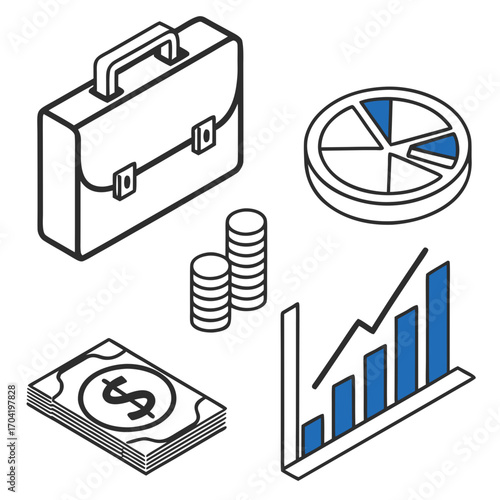 Isometric business icons representing finance and growth including a briefcase stacks of coins dollar bills a pie chart and a bar graph with an upward trend line