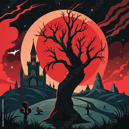 Chilling illustration of a scary night with blood elements