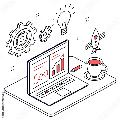 Isometric illustration of a laptop displaying a growth chart and seo text surrounded by gears a lightbulb a rocket and a coffee cup representing business strategy and success
