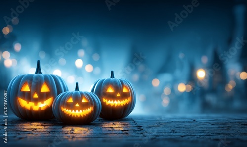 Glowing jack-o'-lanterns on a misty Halloween night, illuminated against a blurred background of lights.