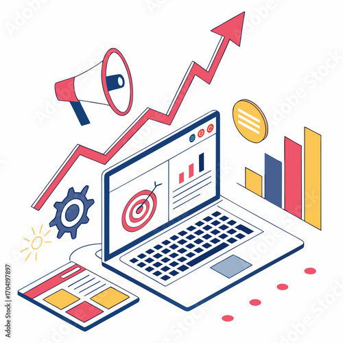 Isometric illustration of digital marketing strategy with a laptop displaying a target and charts a megaphone a gear and a rising arrow indicating business growth and success