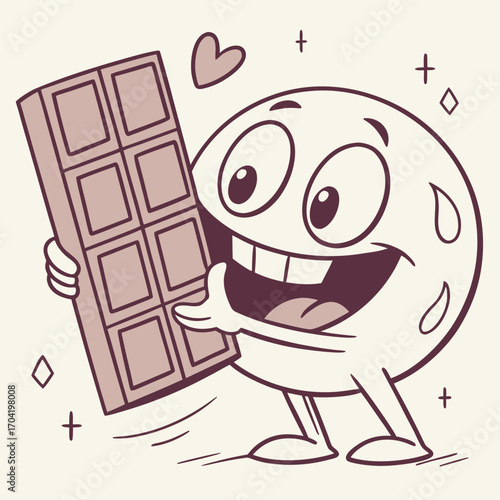 Joyful cartoon character with big eyes and a wide smile enthusiastically holding a large bar of chocolate with a heart symbol above its head