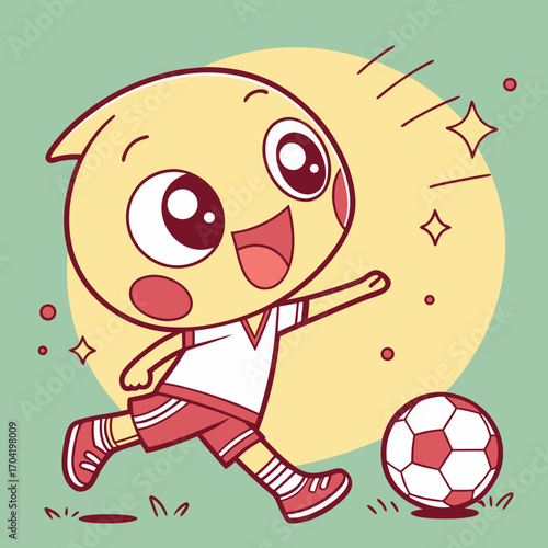 Joyful cartoon character with big eyes and a wide smile enthusiastically playing soccer kicking a ball with vibrant energy and a sense of fun on a light green background