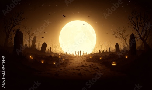 Silhouetted figures stand on a path leading to a large, luminous moon in a graveyard at night.
