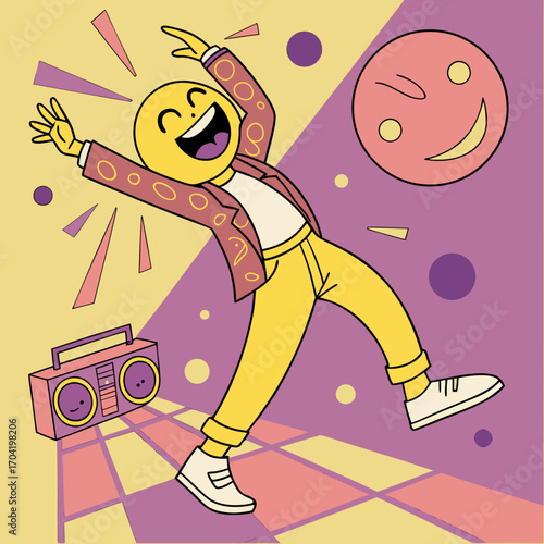 Joyful yellow character with a smiley face and a retro jacket dances enthusiastically on a checkered dance floor with a boombox and disco ball