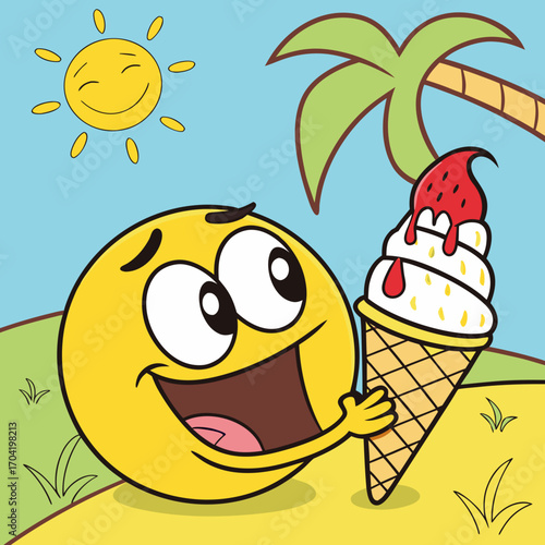 Joyful yellow smiley face character with big eyes and open mouth holding a delicious strawberry ice cream cone on a sunny tropical beach with a palm tree