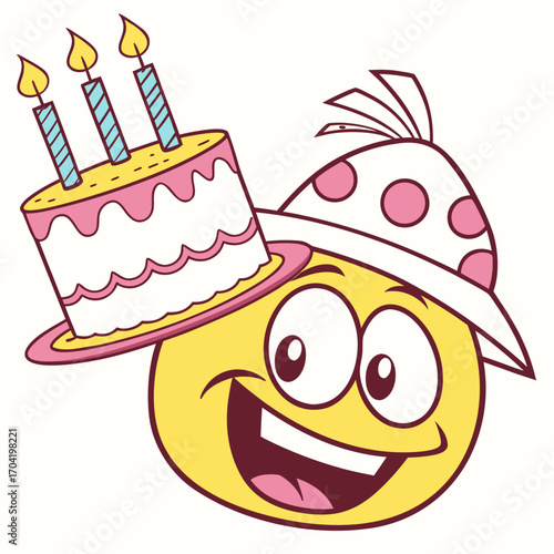 Joyful yellow smiley face wearing a festive polka dot party hat and balancing a delicious frosted birthday cake with lit candles on its head celebrating a happy occasion