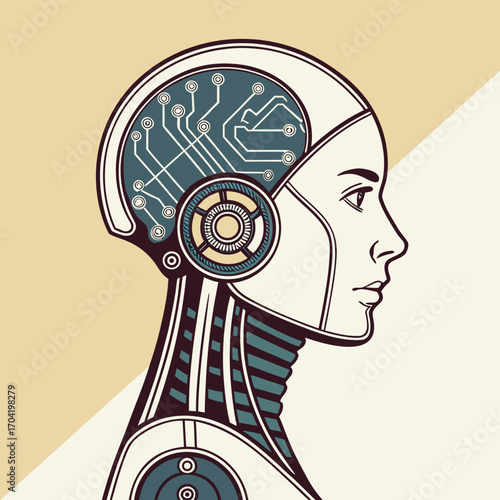 Profile of a female robot head showing visible circuitry and mechanical neck elements against a split background representing technology and humanity