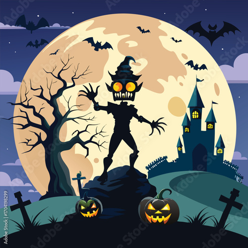 Spooky halloween landscape under a full moon with eerie trees and fog