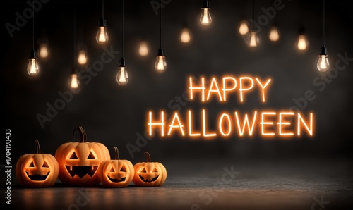 Glowing Halloween greeting with carved pumpkins and Edison bulbs.