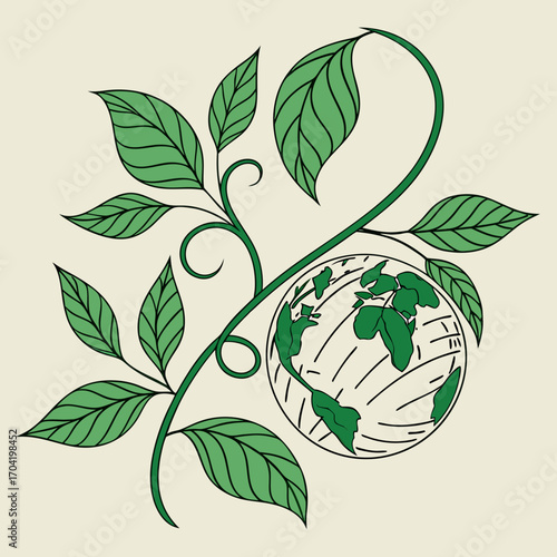 Stylized green vine with leaves gracefully encircles a simplified illustration of planet earth symbolizing growth and environmental care on a neutral background