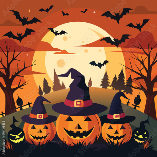 Festive halloween panorama with grinning jack o lanterns