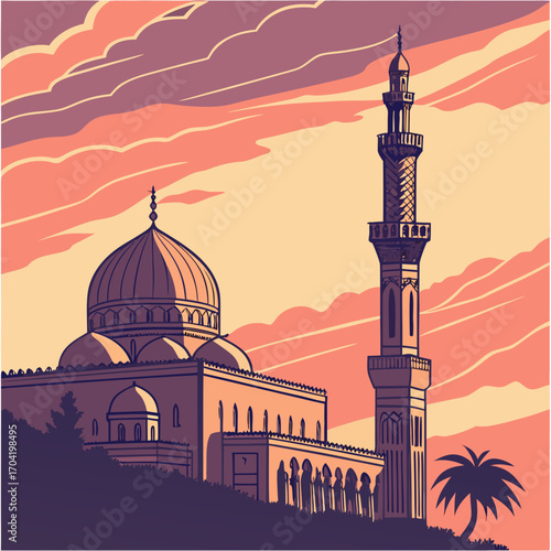 Stylized illustration of a grand mosque with a tall minaret and domes set against a dramatic sunset sky with swirling clouds and a silhouetted palm tree