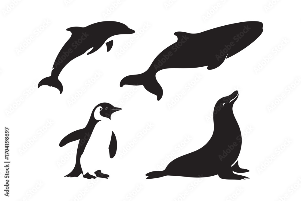 Fototapeta premium Silhouettes of marine animals on white background