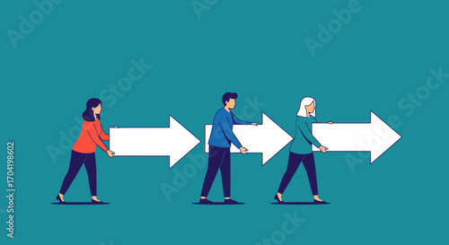 Three people from different generations holding connected arrows, symbolizing teamwork, progress, and a continuous process.