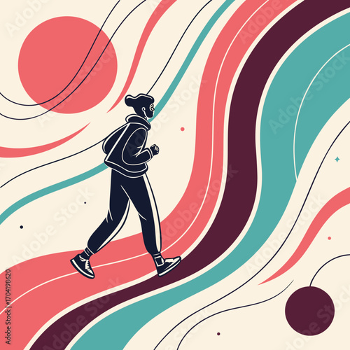 Stylized silhouette of a person running with energetic wavy lines and a large sun in a retro color palette representing fitness and outdoor activity