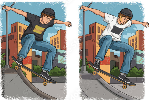 Urban skateboarder performing trick on city ramp in dynamic pose with stylish outfit variations and energetic street sport atmosphere