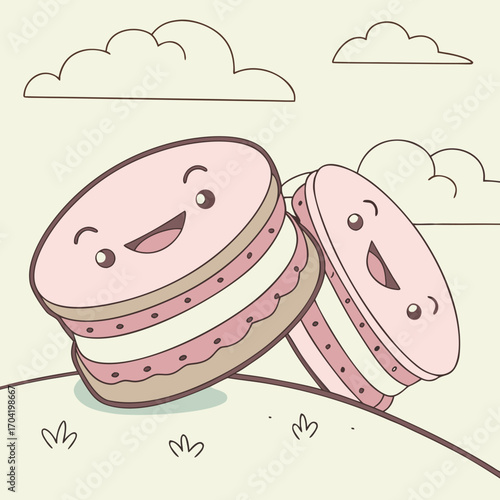 Two adorable kawaii macarons with happy smiling faces and rosy cheeks resting on a grassy hill under a cloudy sky in a charming cartoon illustration style