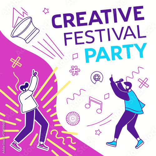 Vibrant illustration of a creative festival party with people dancing and singing featuring abstract shapes music notes and confetti celebrating artistic expression and joyful celebration