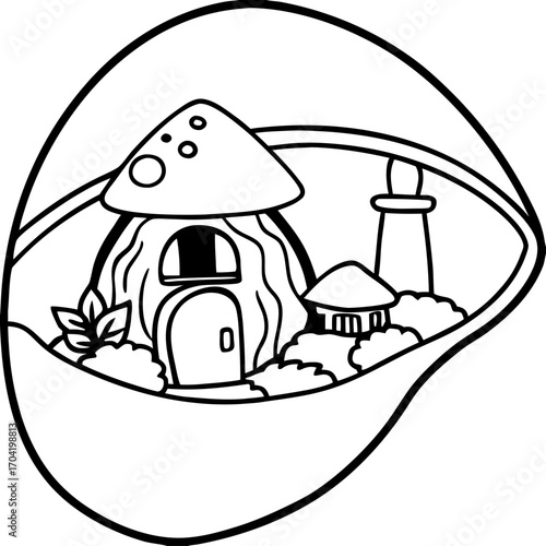 Micro hobbit-like village inside curved mushroom fantasy illustration, Miniature mushroom village with tiny homes, Whimsical hobbit village in mushroom, Magical tiny mushroom settlement artwork