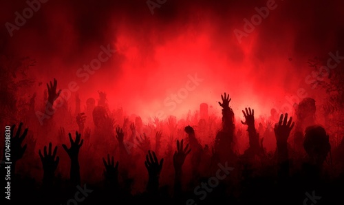 Silhouetted figures reach upward amidst a fiery, ominous red haze.