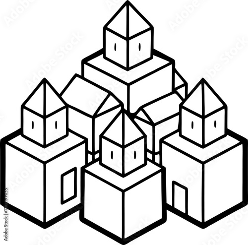 Little village on stacked crystal cubes fantasy landscape artwork, Miniature town on glowing crystal blocks, Surreal crystal cube village illustration, Fantasy settlement on stacked cubes