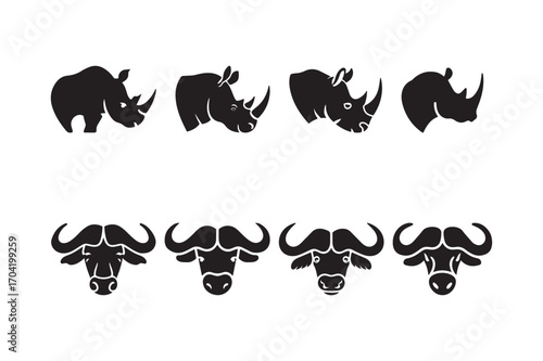 African wildlife silhouette collection rhinos and buffalos