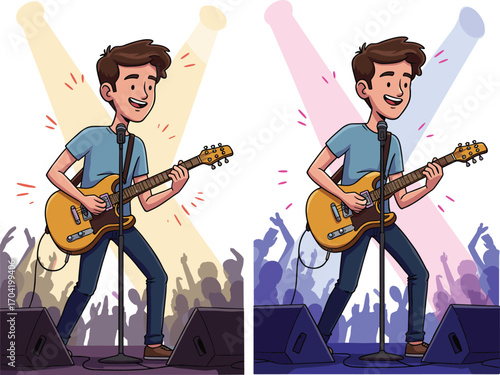 Young guitarist performing on concert stage with electric guitar, vibrant lighting, energetic crowd, live music show, cartoon vector illustration