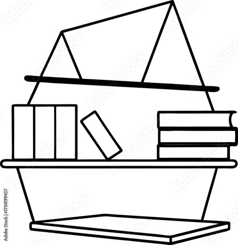 Minimalist Hovering Bookshelf with Abstract Books, Modern Floating Furniture Vector Illustration, Black Silhouette Design, Creative Interior Concept