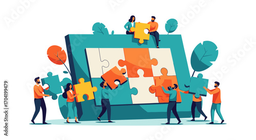 A diverse team of people collaborates to assemble a giant jigsaw puzzle, symbolizing teamwork, problem-solving, and cooperation.