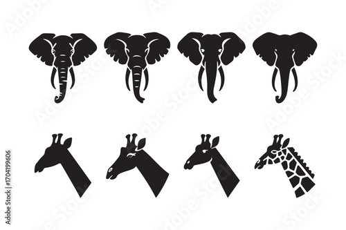 African wildlife silhouettes elephants and giraffes