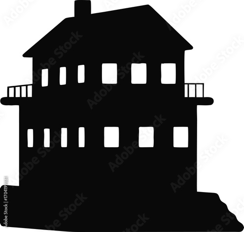 Terraced Cabin with Water Steps Silhouette, Fantasy Landscape Vector Illustration, Black Multi Level Cabin Design, Minimalist Eco Architecture Concept