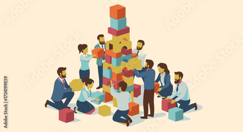 A diverse team of business professionals collaborates to build a tall tower of colorful blocks, symbolizing teamwork and shared goals.