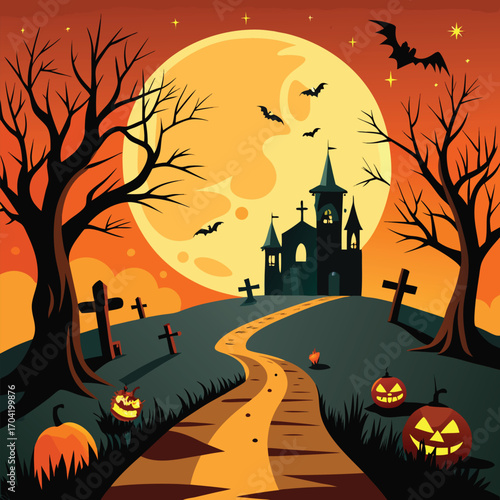 Spooky halloween landscape bathed in an eerie orange glow with bats flying