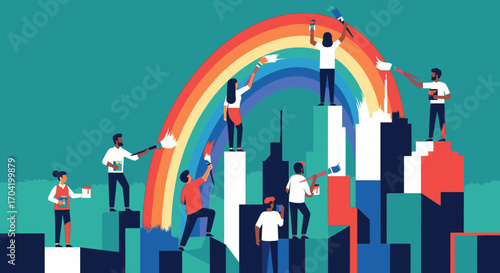 A diverse community of people collaboratively painting a vibrant rainbow over a city skyline, symbolizing hope, unity, and creativity.