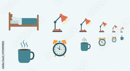 Flat design icons of a daily routine with a bed, desk lamp, alarm clock, and coffee mug, showing a scaling effect.