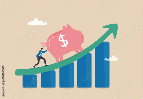 Saving or investment profit, compound interest graph or wealth incremental, investment earning from stock market or mutual fund concept, rich businessman push big piggy bank up rising graph and chart