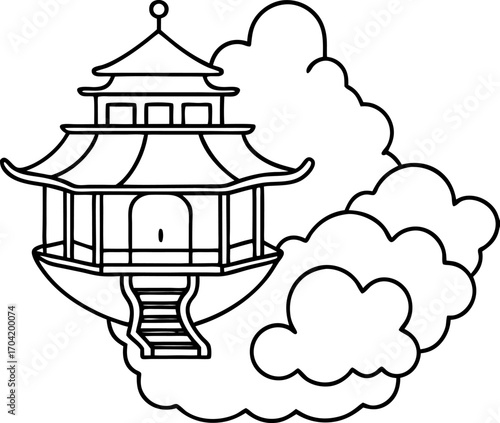 Tiny Floating Teahouse with Swirling Bridges Above, Fantasy Architecture Vector Illustration, Minimalist Eco Pavilion Design, Black Silhouette of Floating Tea House with Curved Bridges