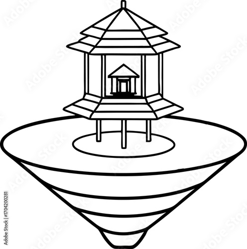 Tiny Tea Pavilion on Floating Spiral Platform, Fantasy Architecture Vector Illustration, Minimalist Eco Pavilion Design, Black Silhouette of Tea House on Spiral, Creative Floating Structure Concept