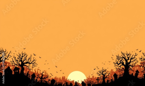 Silhouette of a graveyard at sunset, bats flying, Halloween theme.