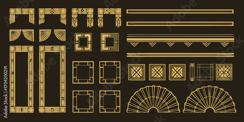 Collection of art deco style decorative elements and borders in gold on dark background