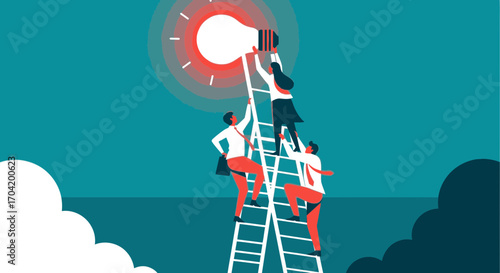 Illustration of a team climbing a ladder together to reach a glowing lightbulb, symbolizing innovation and collaboration.