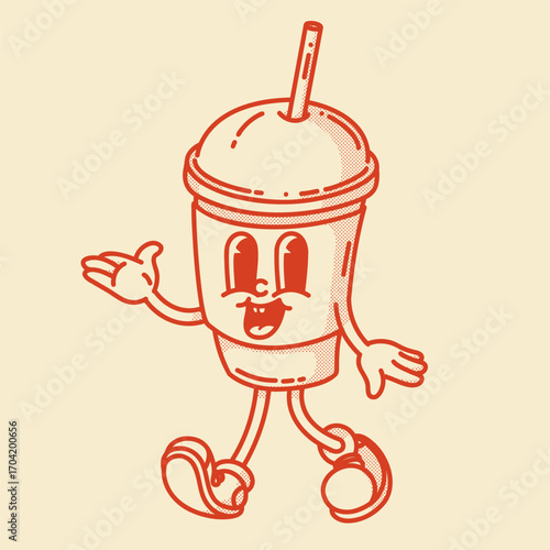 Smiling friendly coffe to go with straw character mascot in shoes. Coffee shop mascot symbol. Hand up