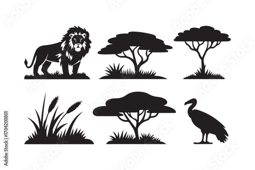 African wildlife silhouettes against white background