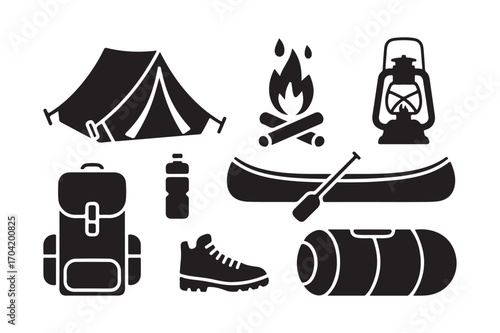 Camping and outdoor adventure gear icons