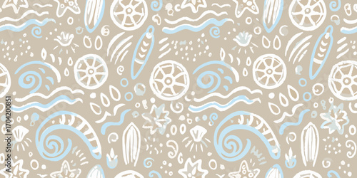 Seamless hand drawn beach and ocean elements pattern with shells waves and surfboards on a neutral background