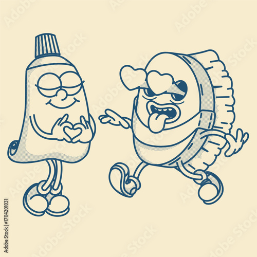 Retro brush and cleaning paste tube mascots. Vintage eco-friendly duo for household chores laundry branding